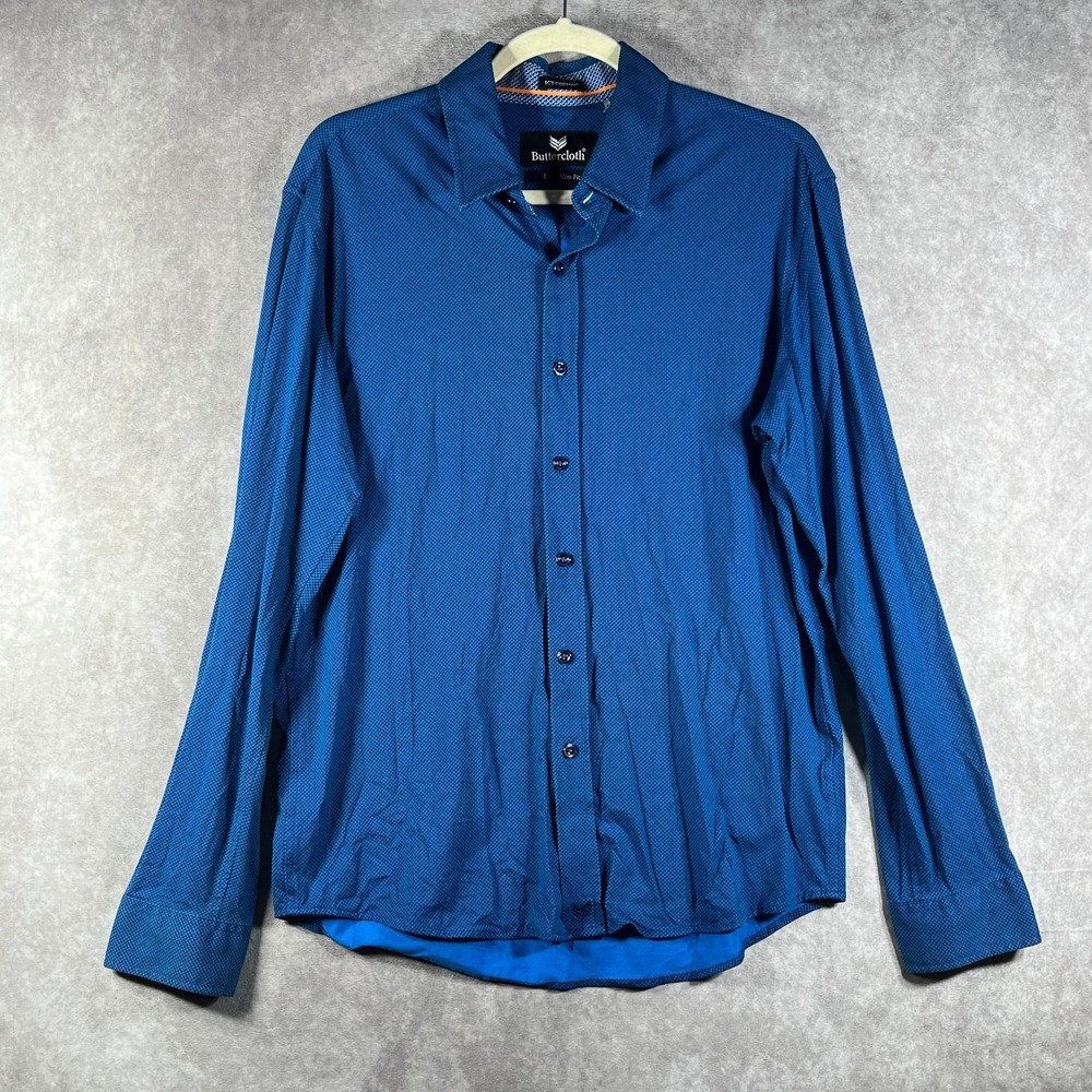 Buttercloth Shirt Mens Large Blue Houndstooth Icy Cotton Slim Fit Button Up